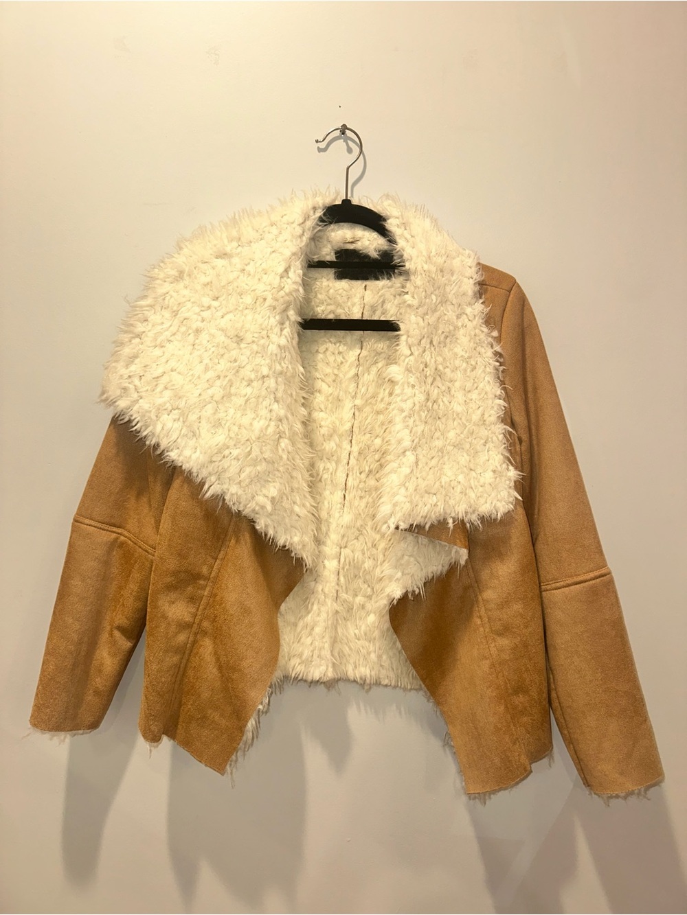 Mustard Seed Cream & Tan Faux Shearling Open Jacket